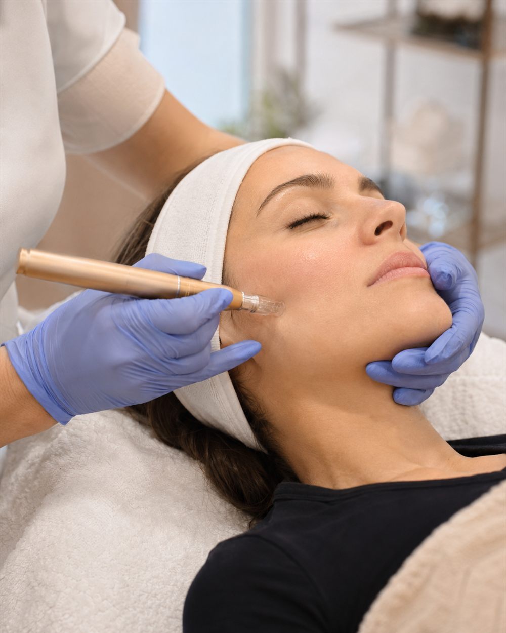 Microneedling mit dem Dermapen an der Wange